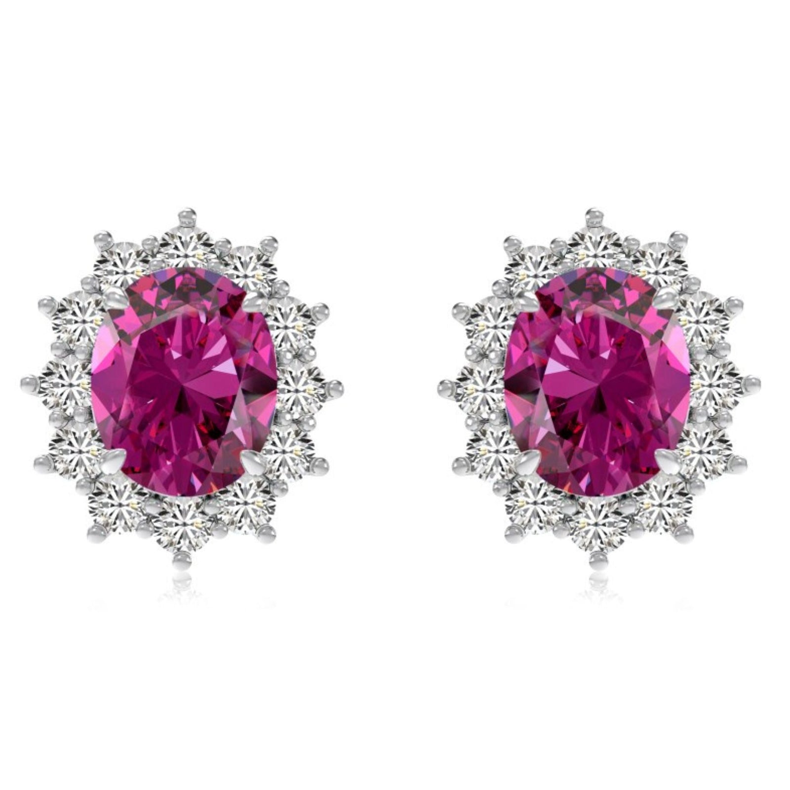 Pair of earrings with pink gemstones and silver halo on a white background