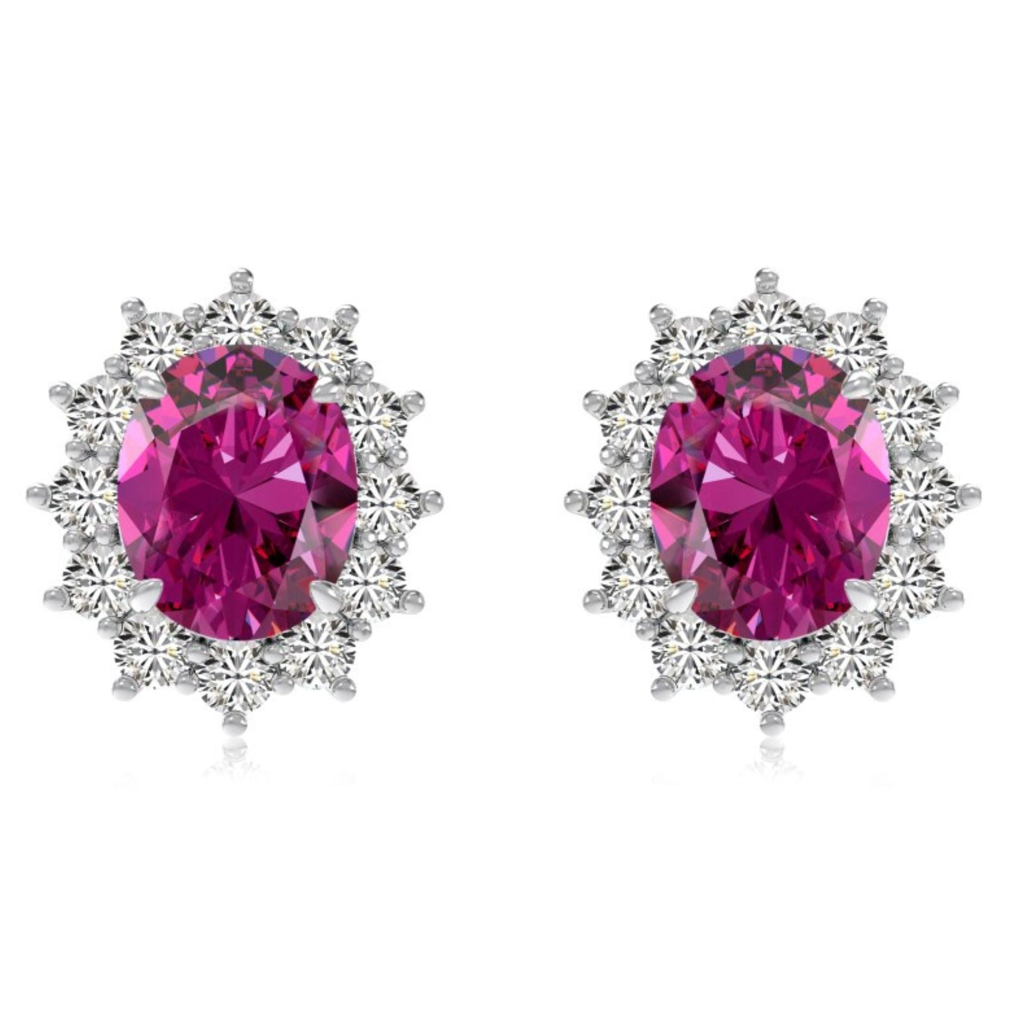 Pair of earrings with pink gemstones and silver halo on a white background