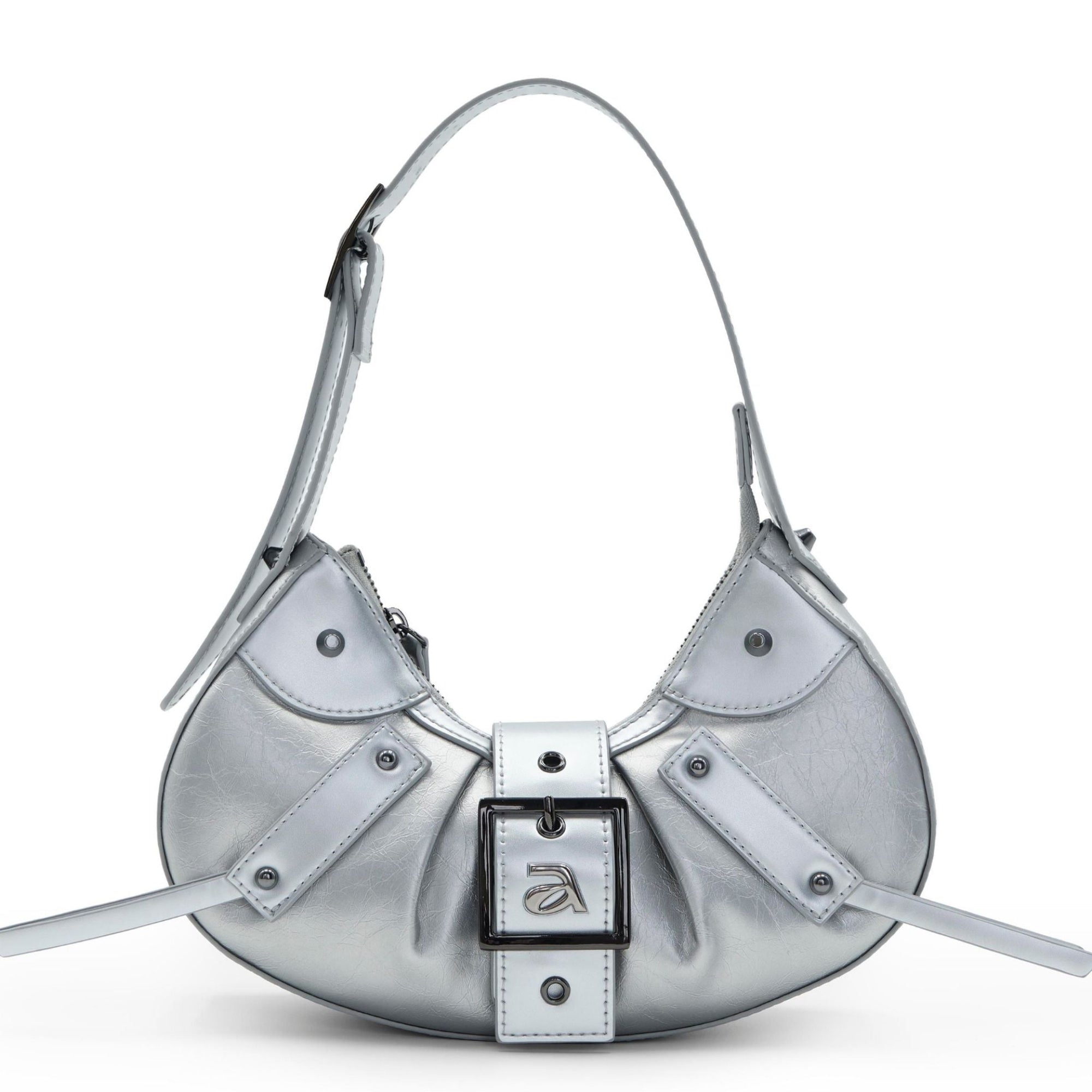 Silver handbag with a buckle on a white background