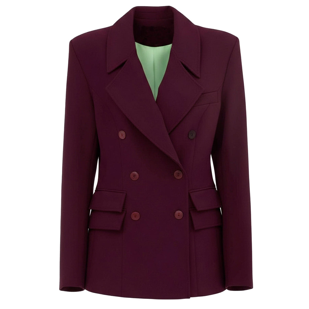 The JULIA ALLERT Classic Tailored Double-Breasted Blazer in burgundy offers modern tailoring, wide lapels, four front pockets, and a light green lining—ideal for elevating your office look.