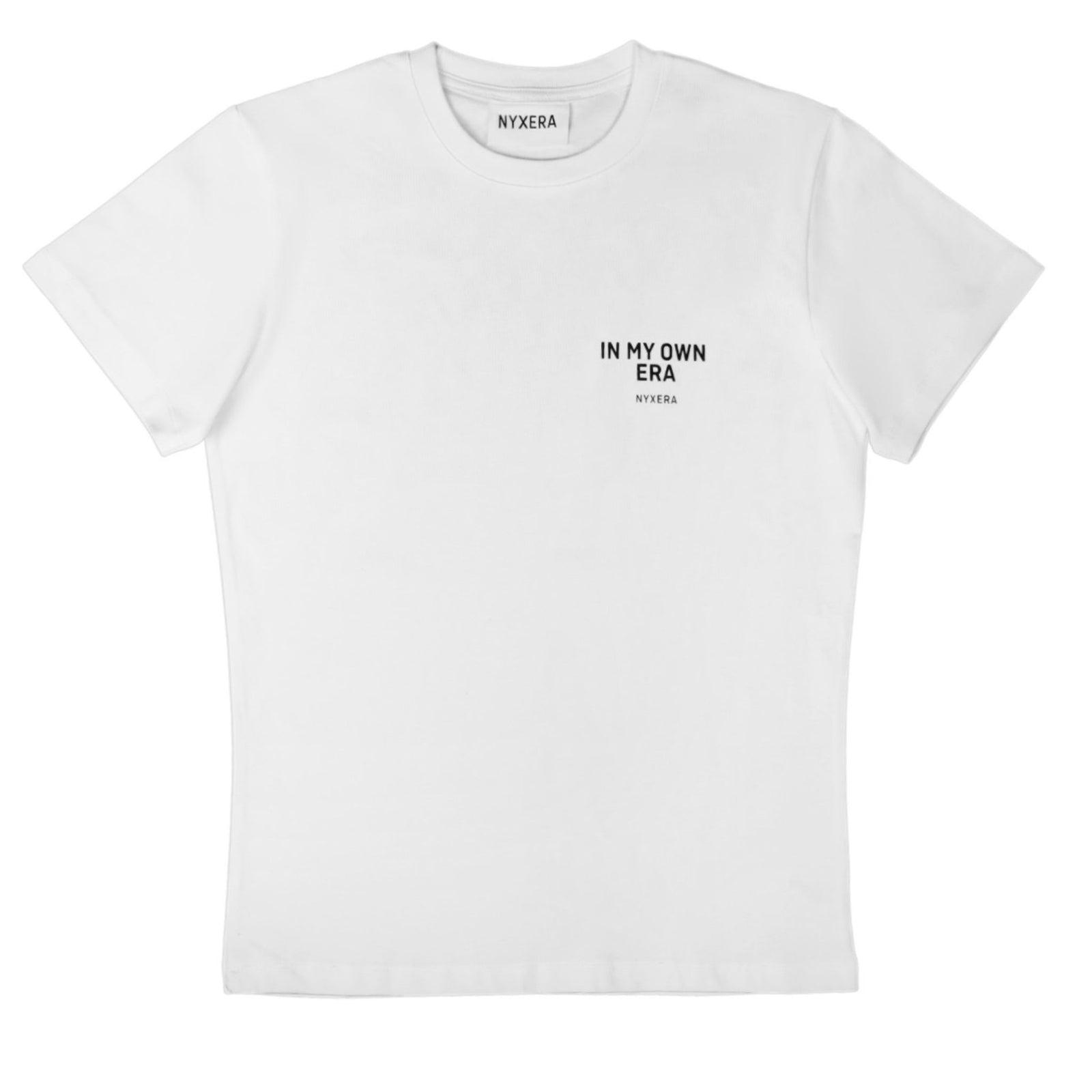 White t-shirt with black text on a white background
