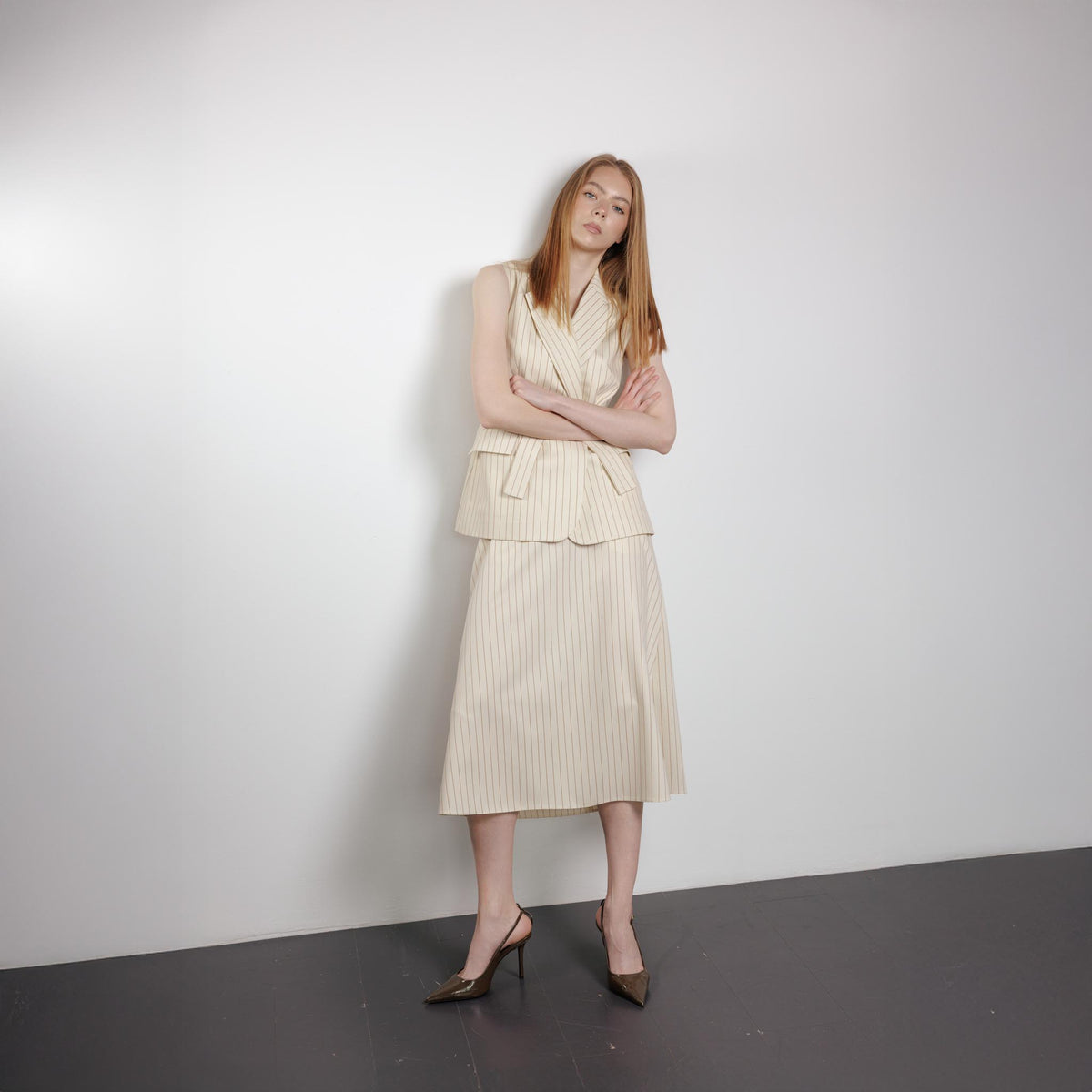 Cream Pinstriped A-Line Midi Skirt