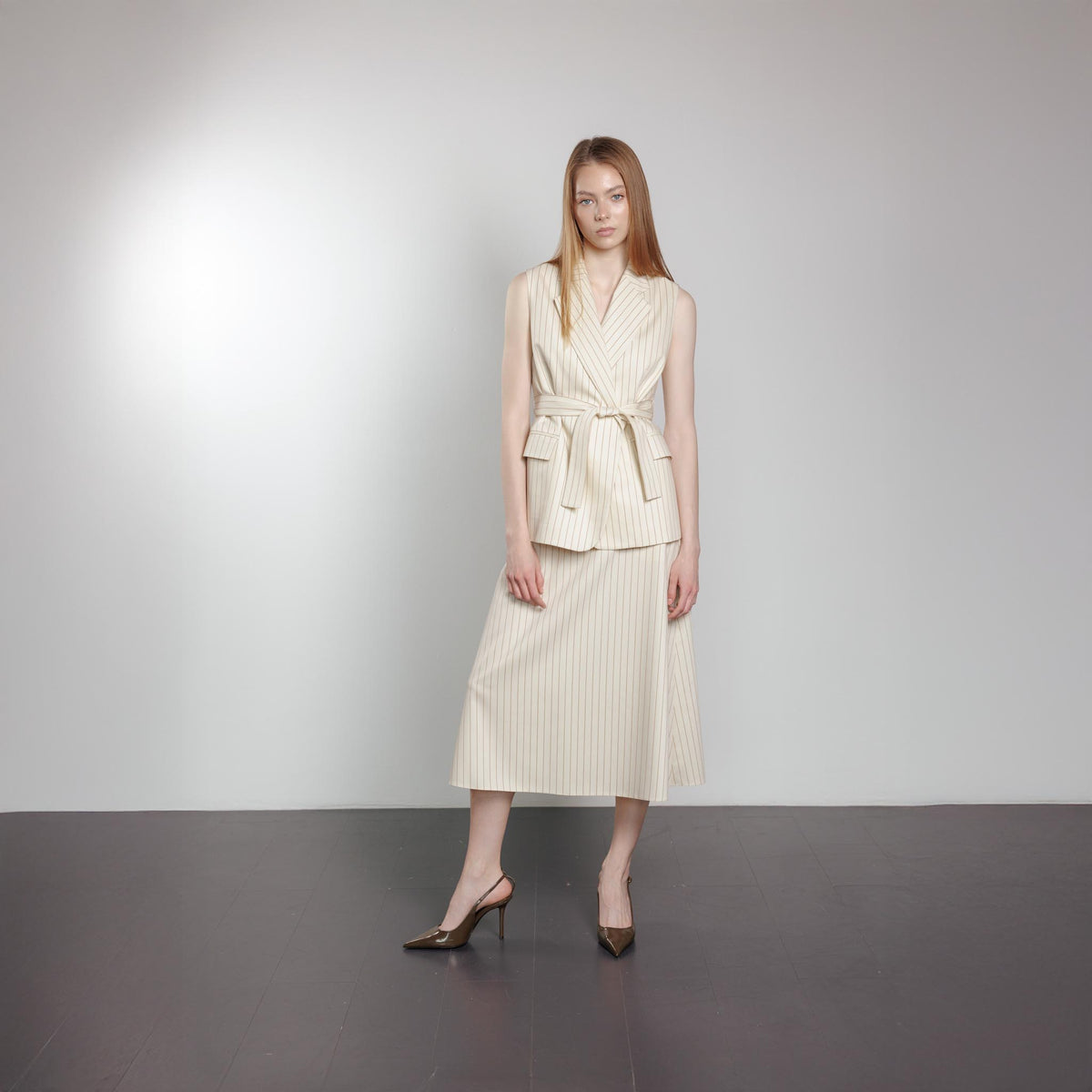 Cream Pinstriped A-Line Midi Skirt