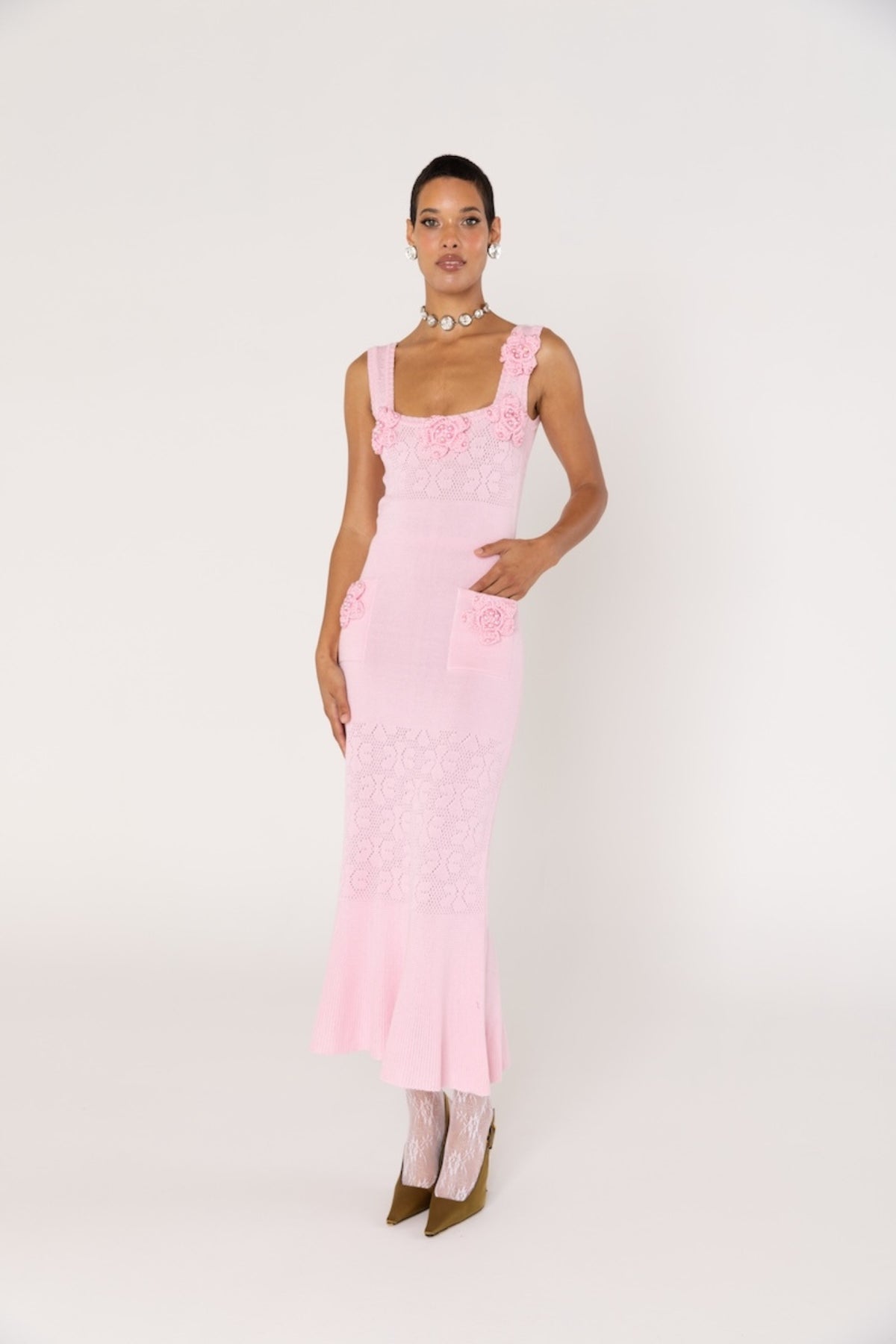 ANDREEVA - Rose Vanilla Knit Dress With Handmade Knit Details