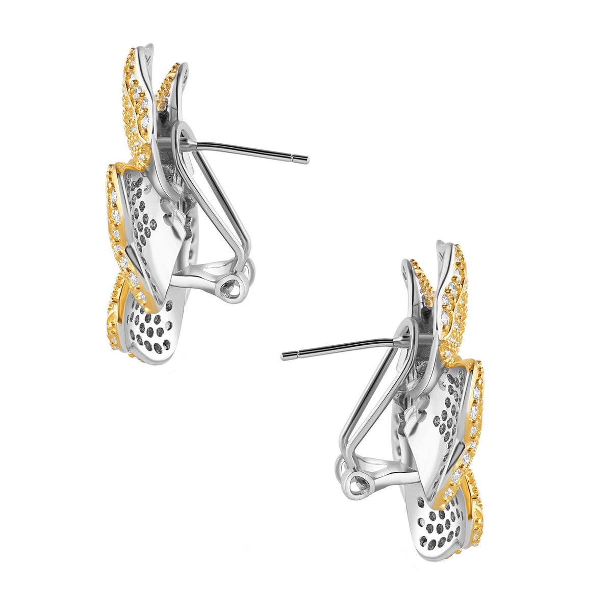 Pair of silver and gold earrings on a white background