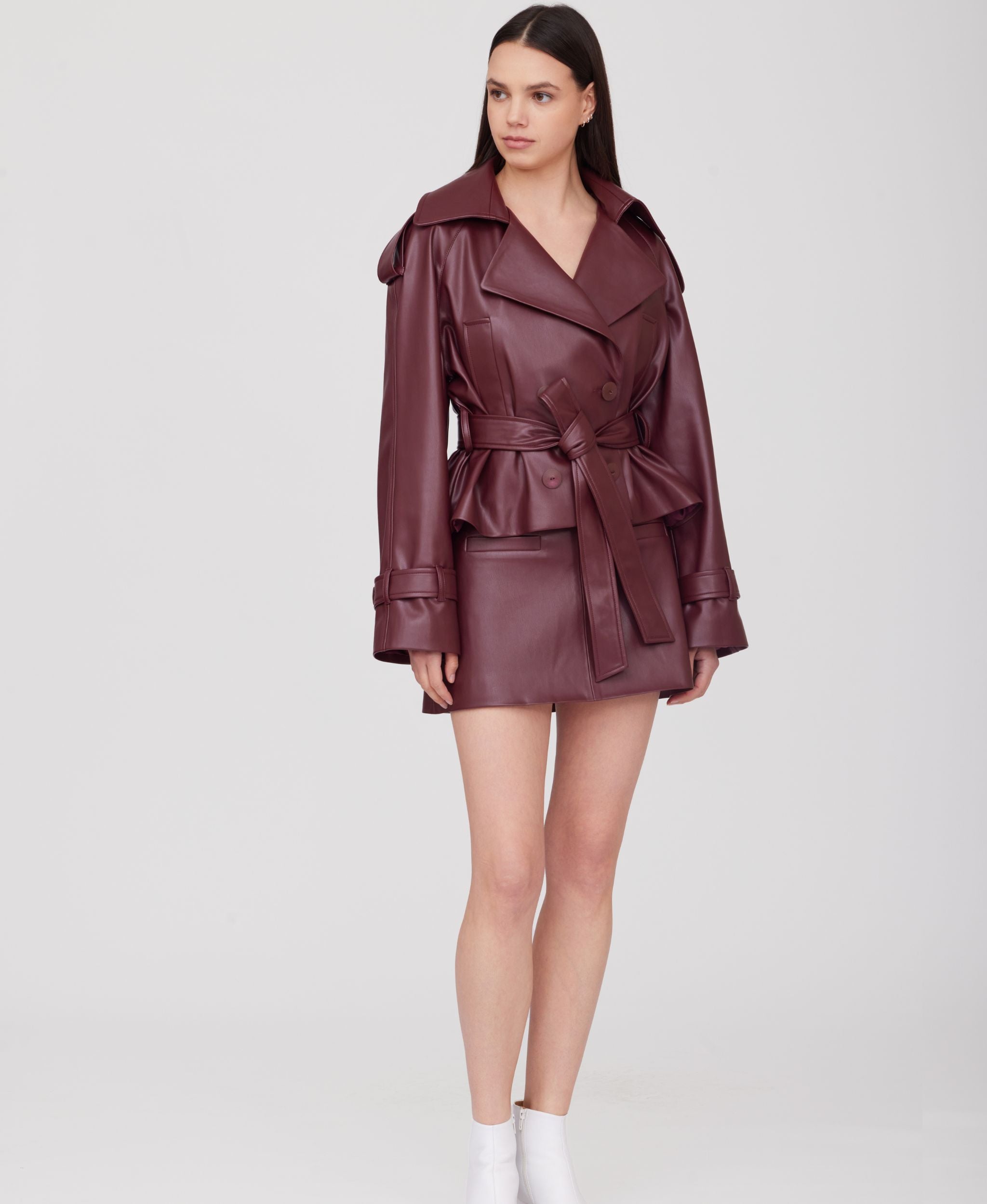 SOTROPA - Cropped Eco Leather Trench | Burgundy, buy at DOORS NYC