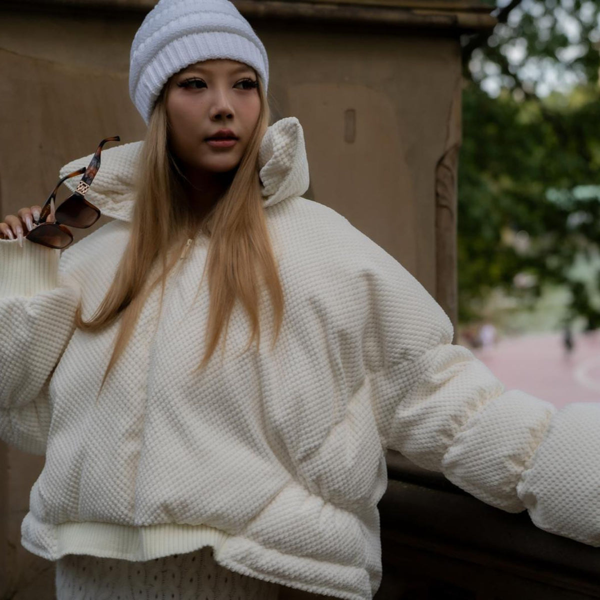 White Textured MIST Puffer Jacket with Curved Hem