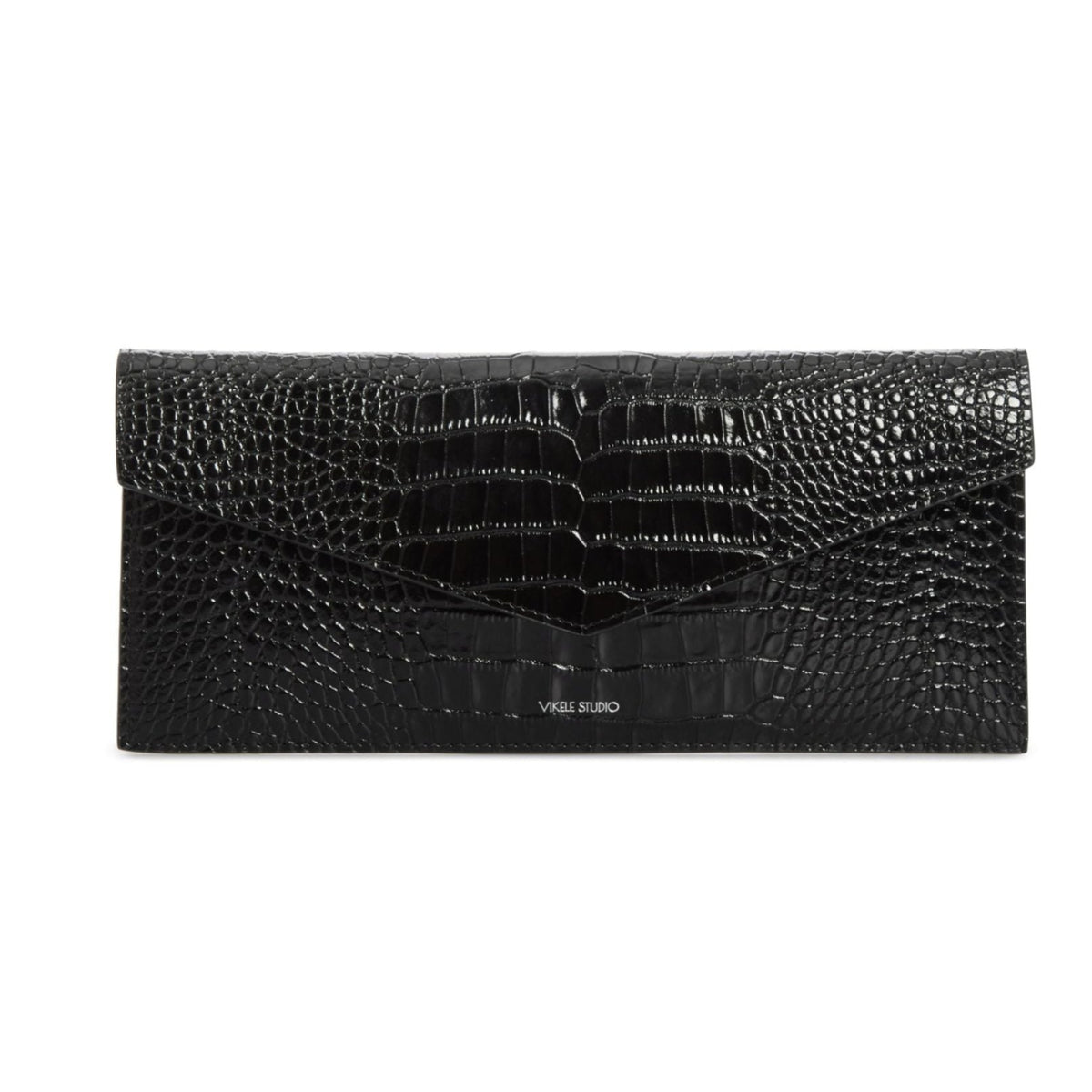 Black crocodile-patterned clutch bag on a white background