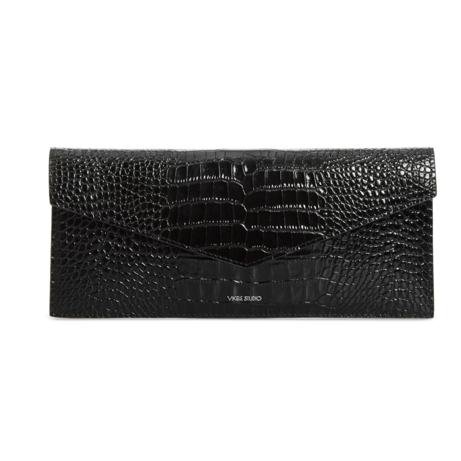 Black crocodile-patterned clutch bag on a white background