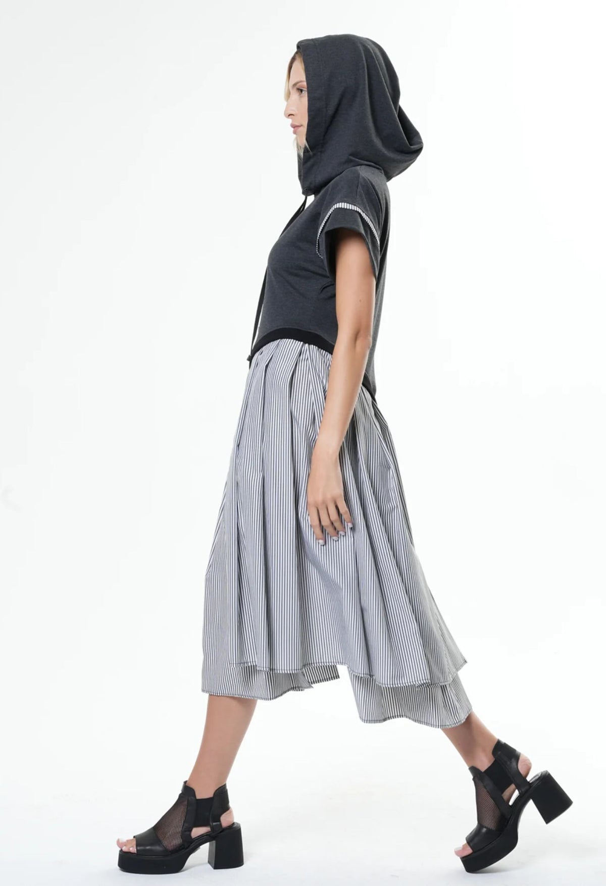 METAMORPHOZA - Asymmetric Hooded Dress With Short Sleeves In Gray | PR Sample at DOORS NYC