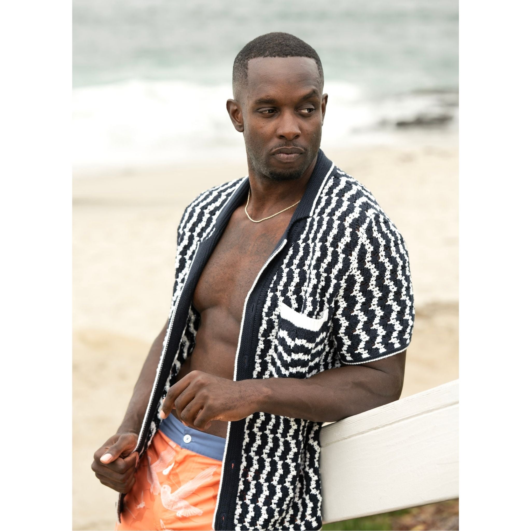 Navy Crochet Button-Up Shirt in Organic Cotton Blend