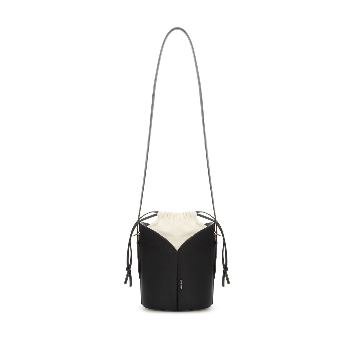 Black bucket bag with a white interior on a white background