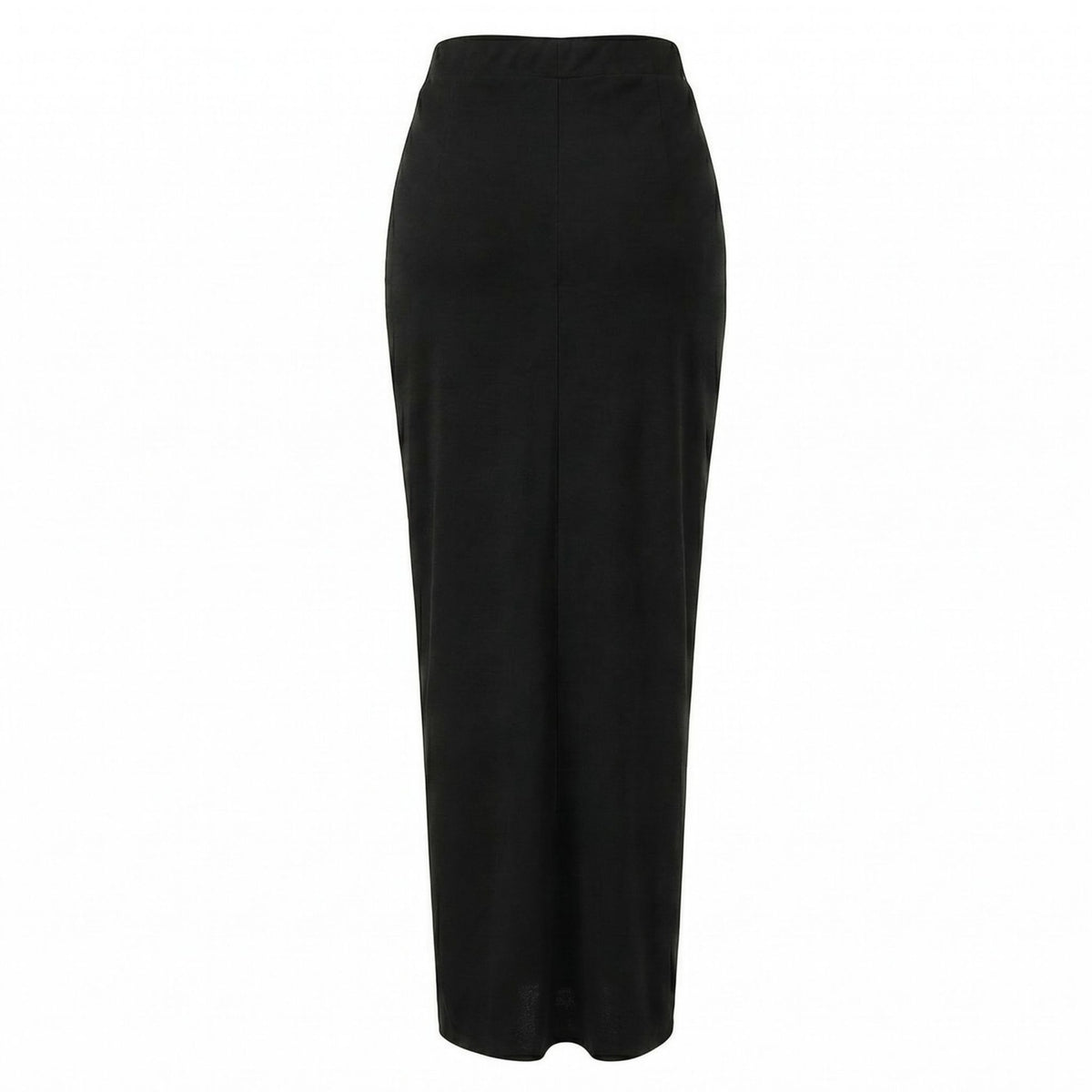The INTERNATIONAL APPEAL Black Sari-Draped Maxi Skirt | PR Sample features a high-waisted, straight silhouette in smooth georgette-like fabric, displayed on a plain white background.