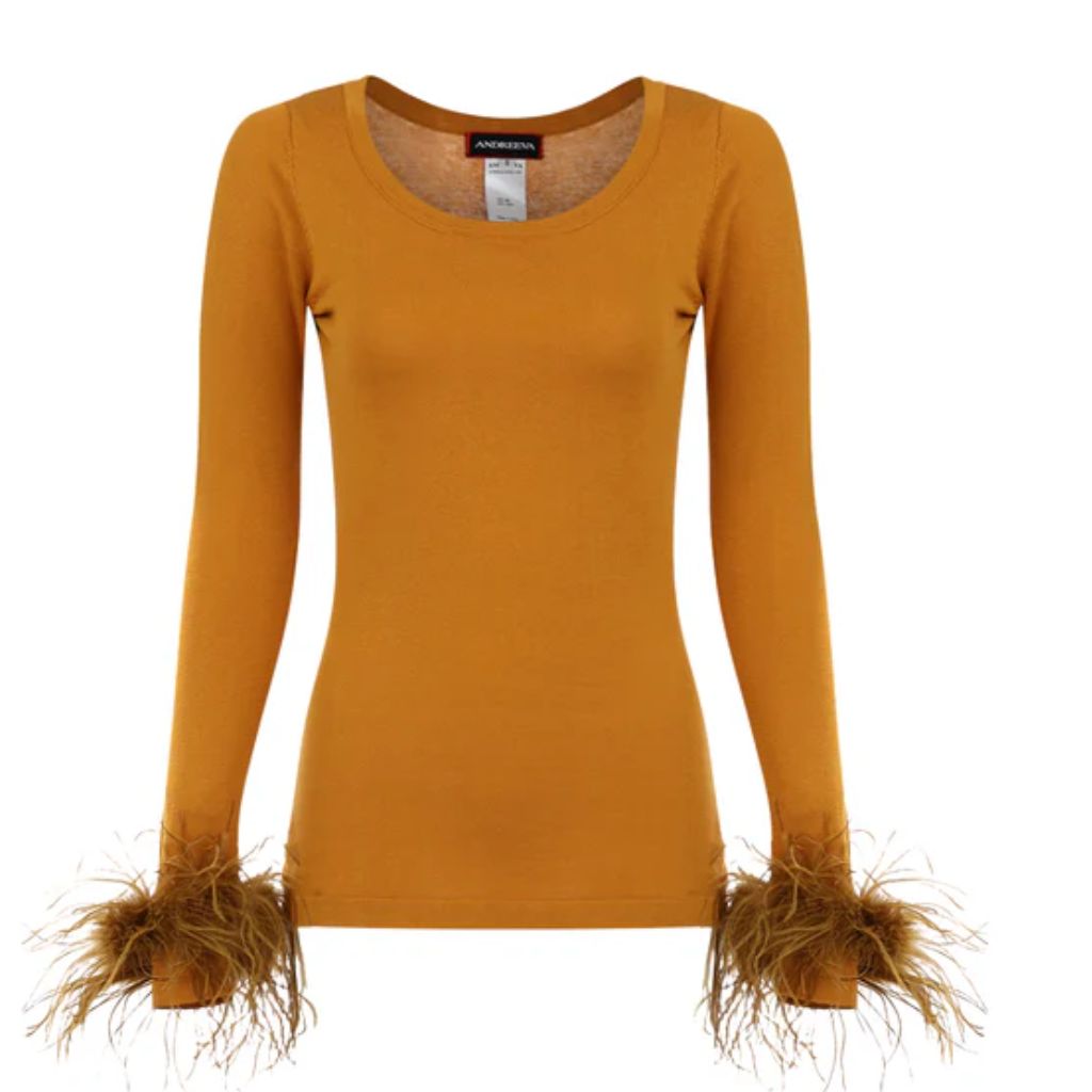 ANDREEVA - Camel Knit Top With Detachable Feather Cuffs, buy at DOORS NYC