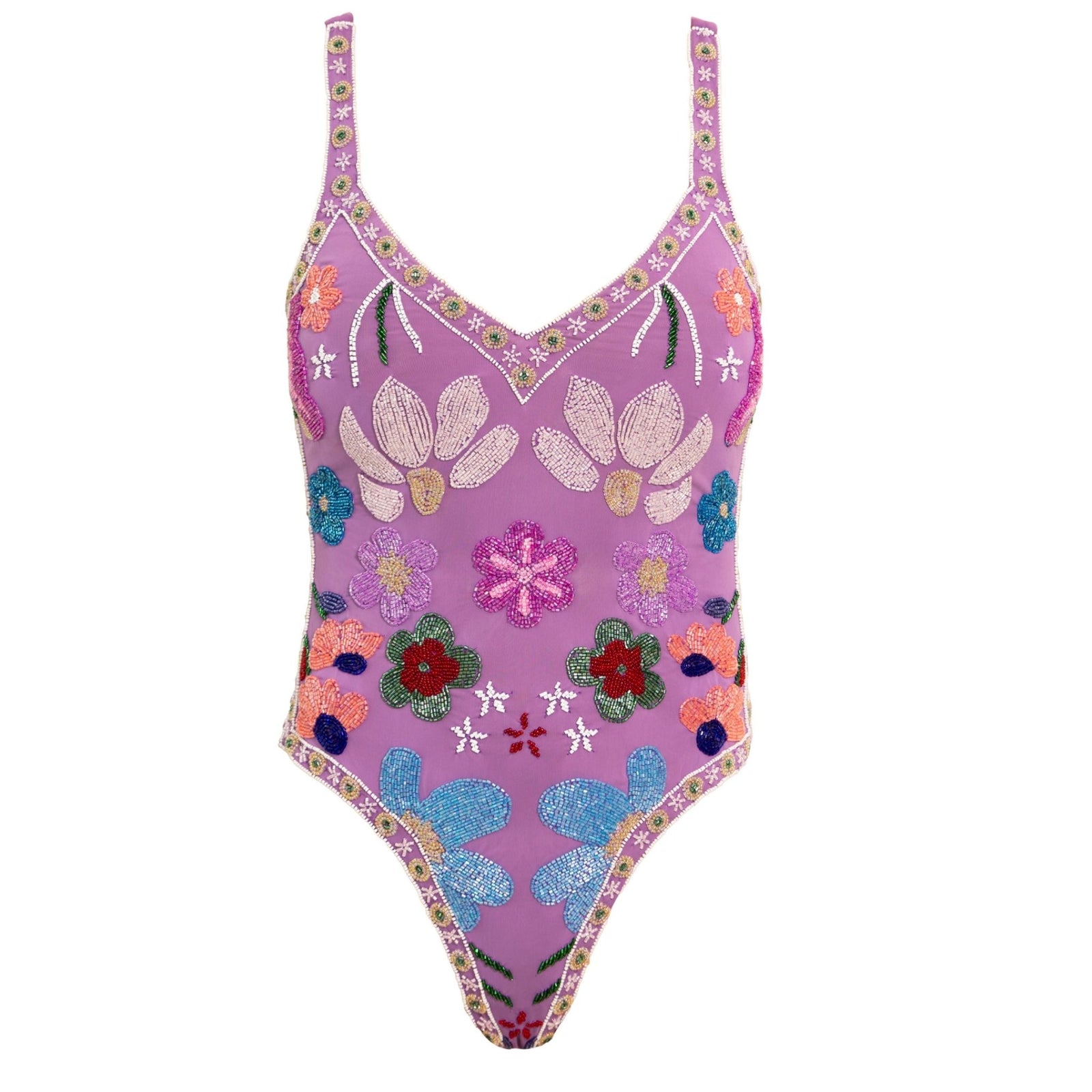 The SELF-ADORE Flower Hand-Beaded Embellished One-Piece Swimsuit in purple features thin straps and colorful embroidered and sequined floral designs for a vibrant, standout look.