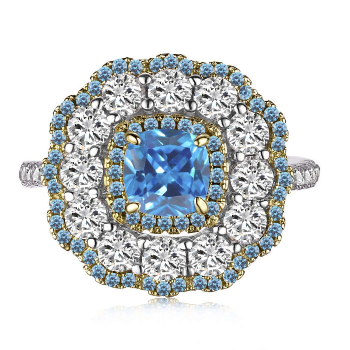 Elegant ring with a blue gemstone and diamond accents on a white background