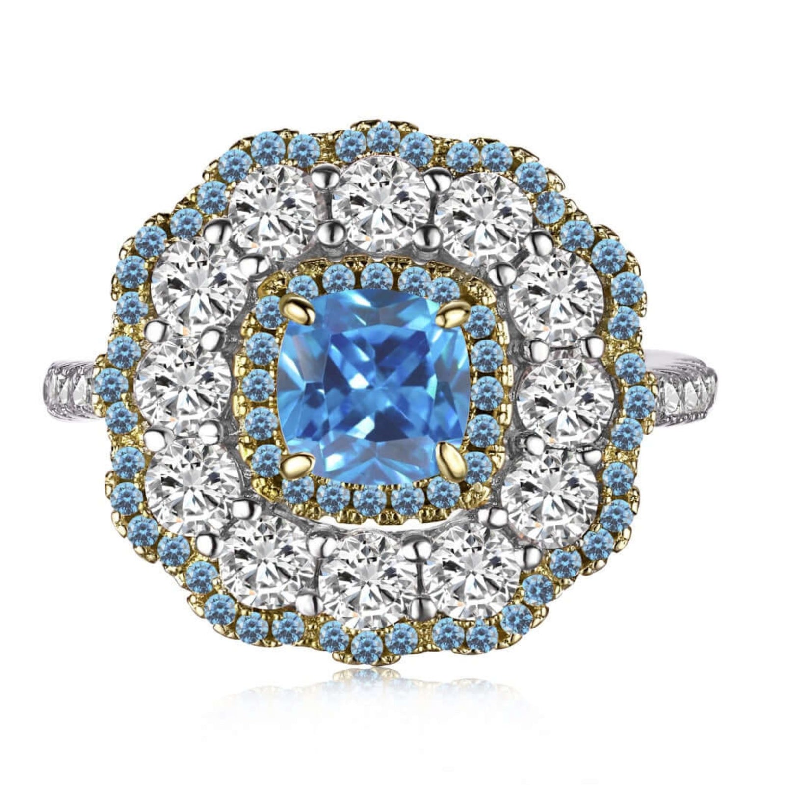 Elegant ring with a blue gemstone and diamond accents on a white background