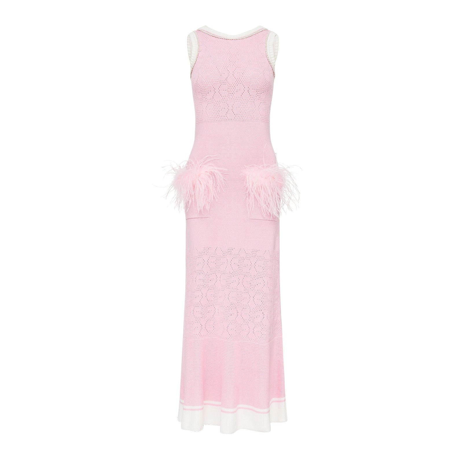 Pink Knit Midi Dress with Ostrich Feather Pockets