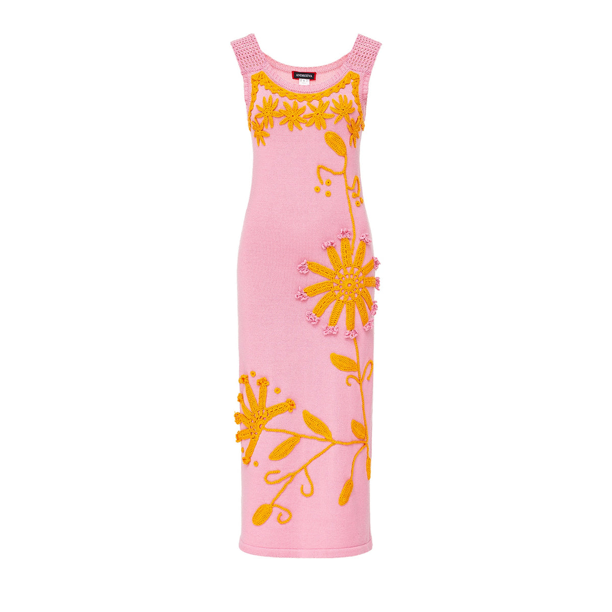 Pink Knit Midi Dress with Golden Handmade Floral Embroidery