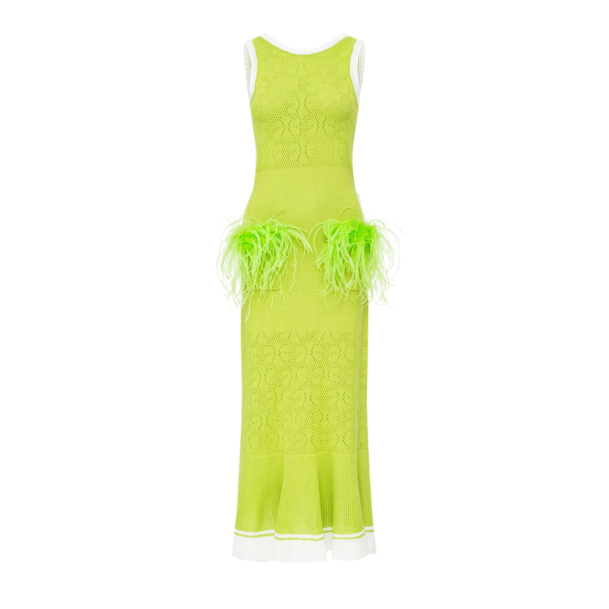 Apple Green Knit Midi Dress with Ostrich Feather Pockets