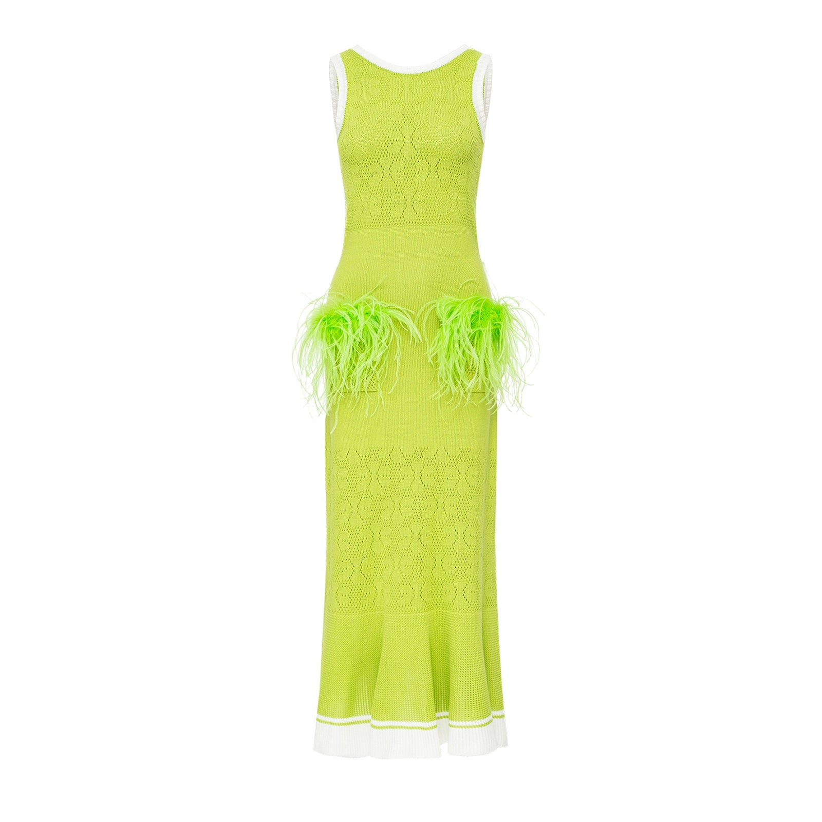 Apple Green Knit Midi Dress with Ostrich Feather Pockets