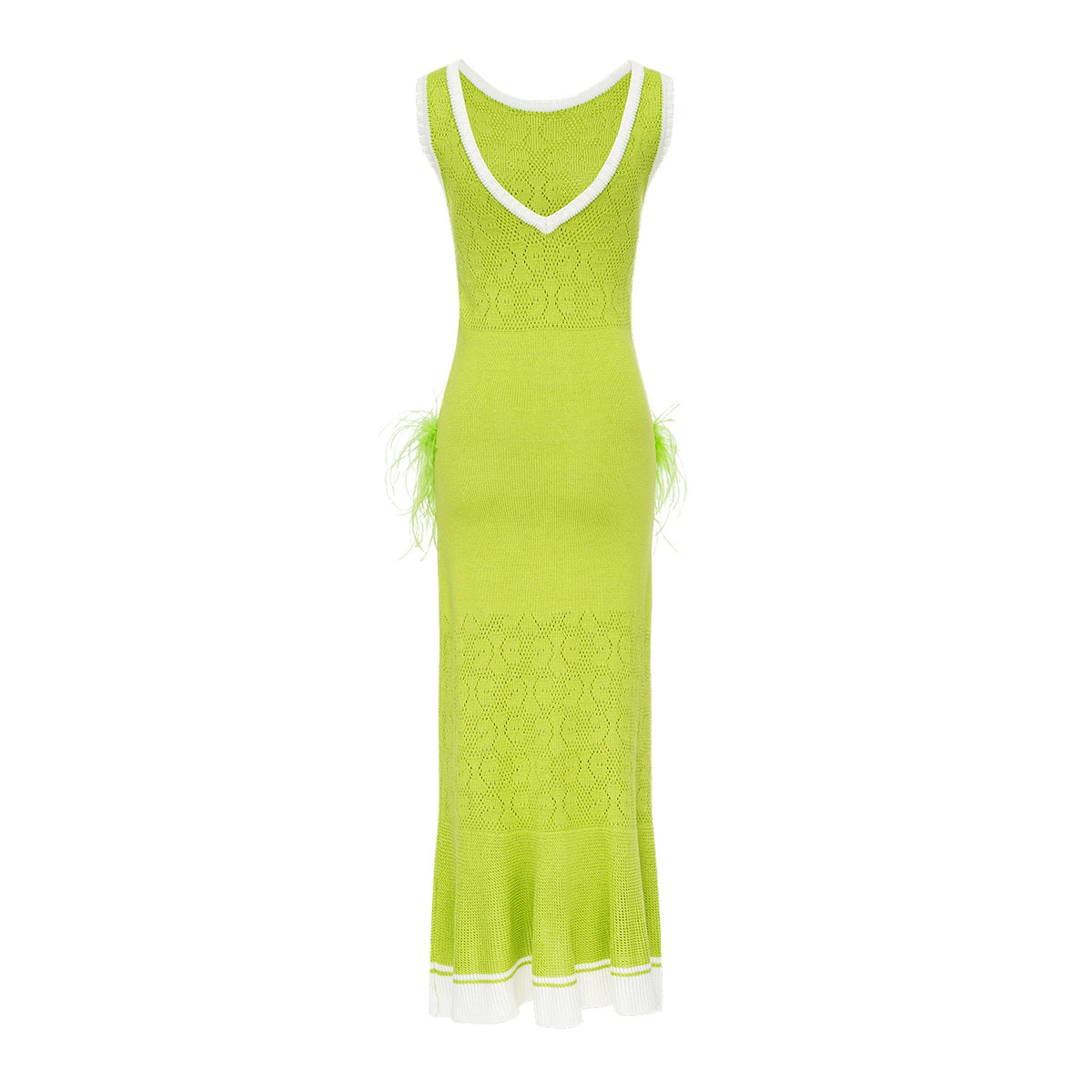 green feather midi dress CHRYSANTHEMUM GREEN KNIT DRESS WITH PINK FEATHERS DETAILS | CULT MIA