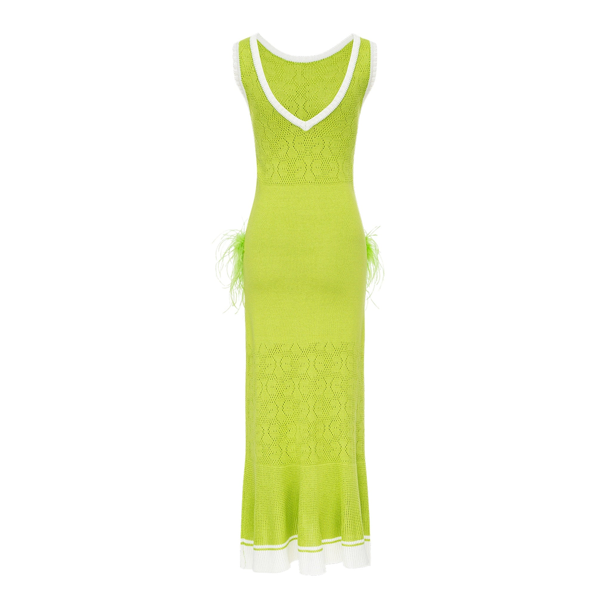 ANDREEVA | Apple Green Knit Dress With Real Ostrich Feather Details XL / Green ANDREEVA | Apple Green Knit Dress With Real Ostrich Feather Details XL / Green