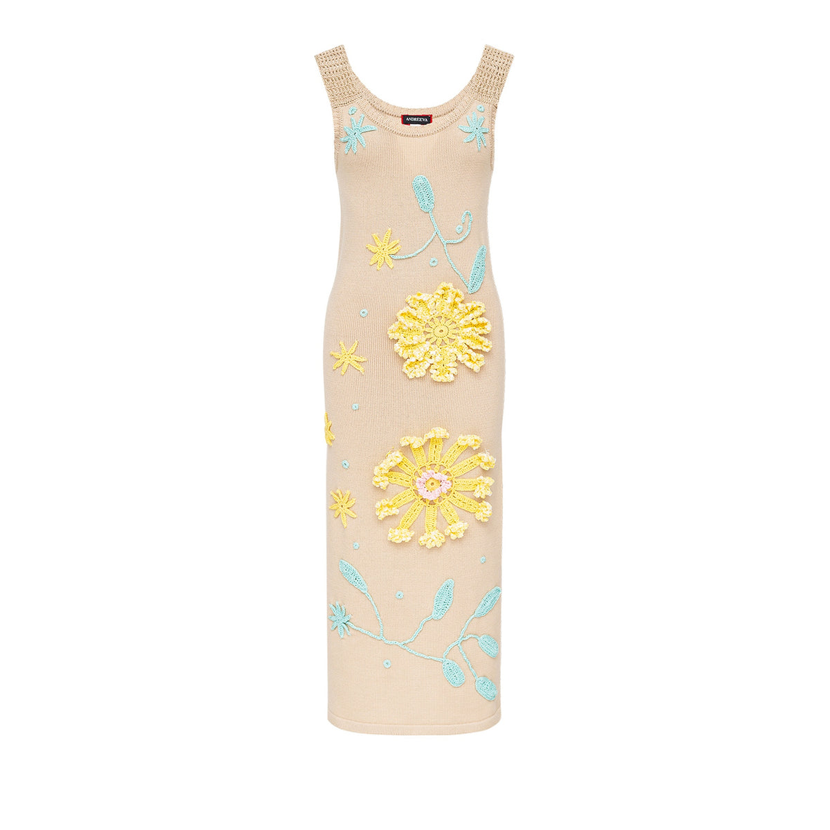 Beige Knit Midi Dress with Yellow &amp; Blue Floral Embroidery