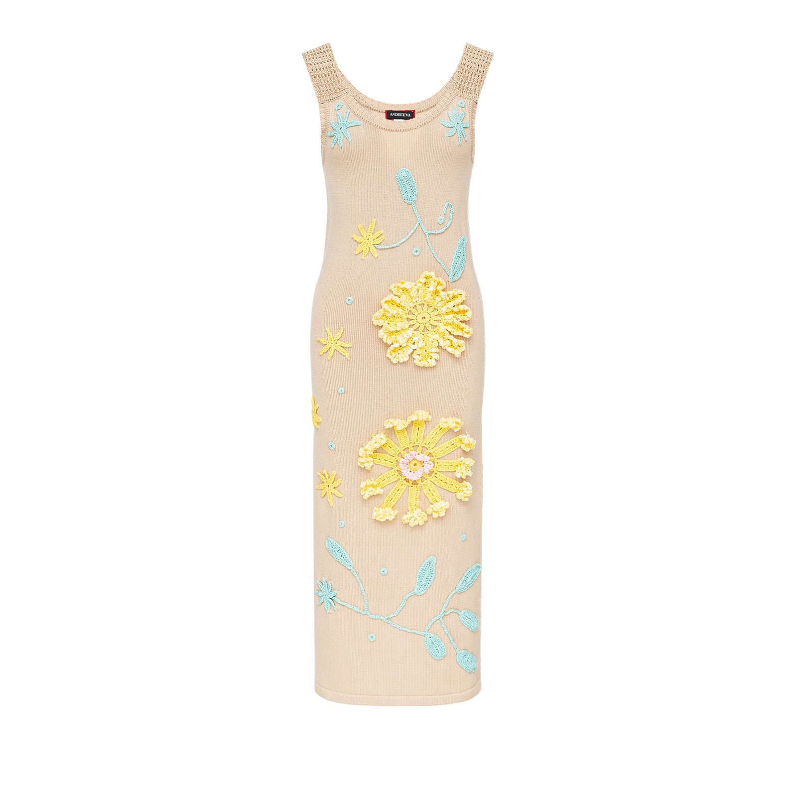 Beige Knit Midi Dress with Yellow & Blue Floral Embroidery