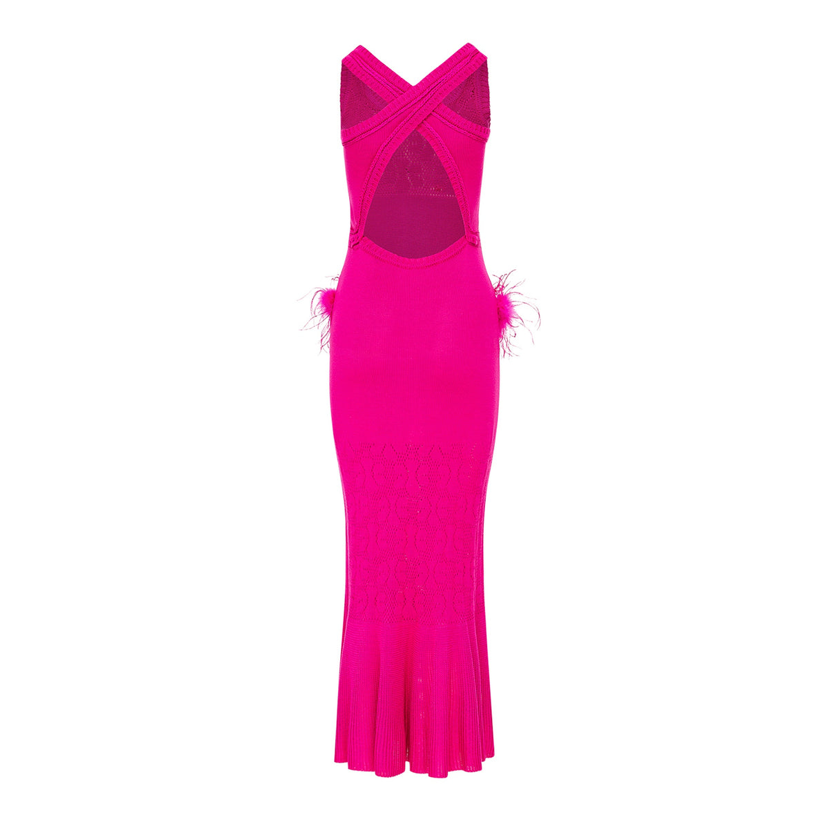 Fuchsia evening gown with a plunging neckline on a white background