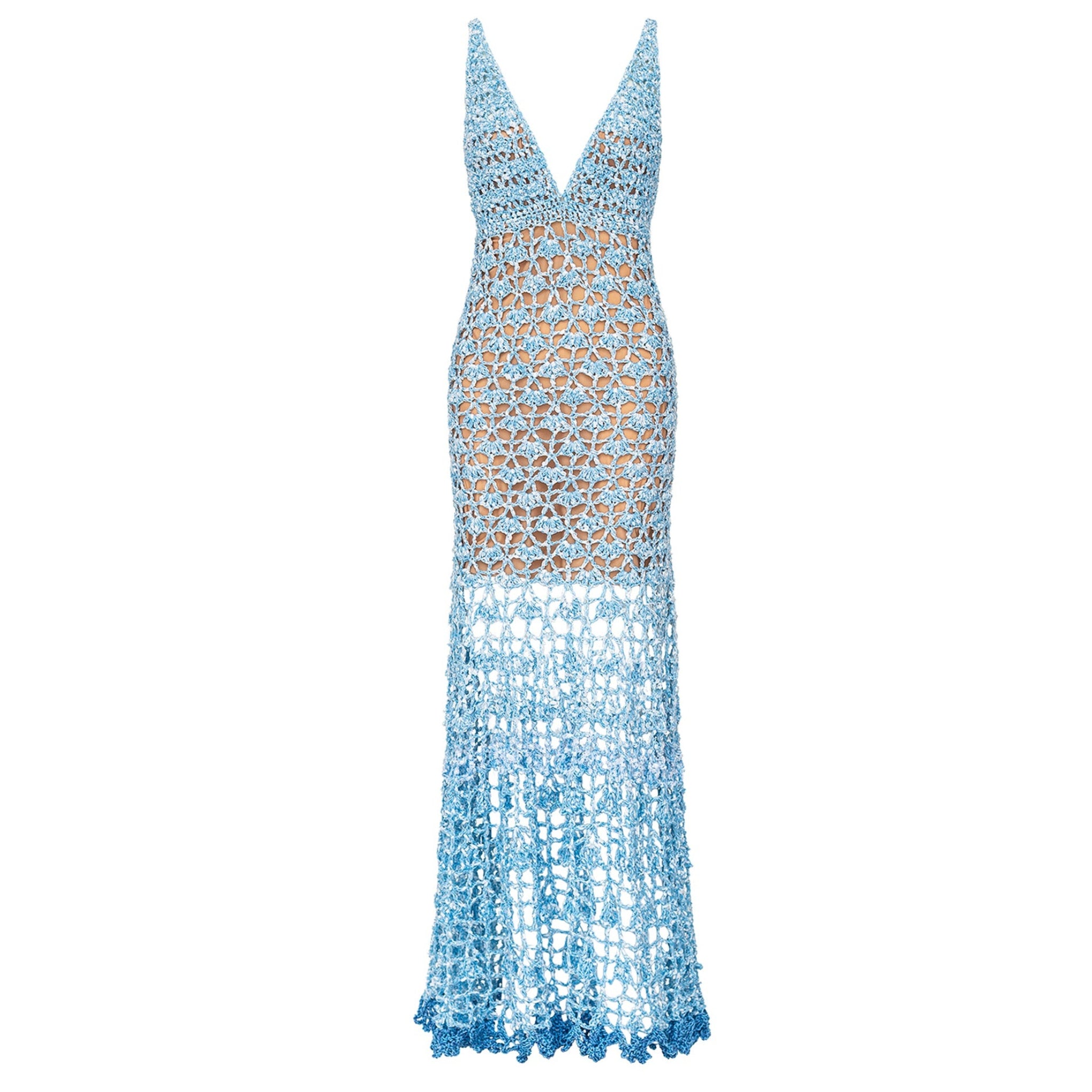 ANDREEVA - Metallic Blue Crochet Maxi Dress with Open Back