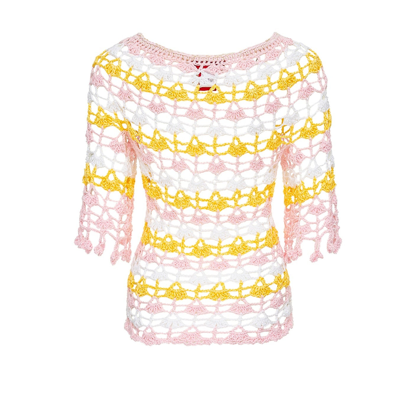 Crocheted top with pink and yellow pattern on a white background