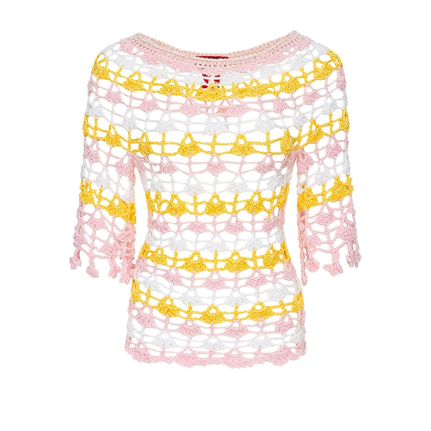 Crocheted top with pink and yellow pattern on a white background
