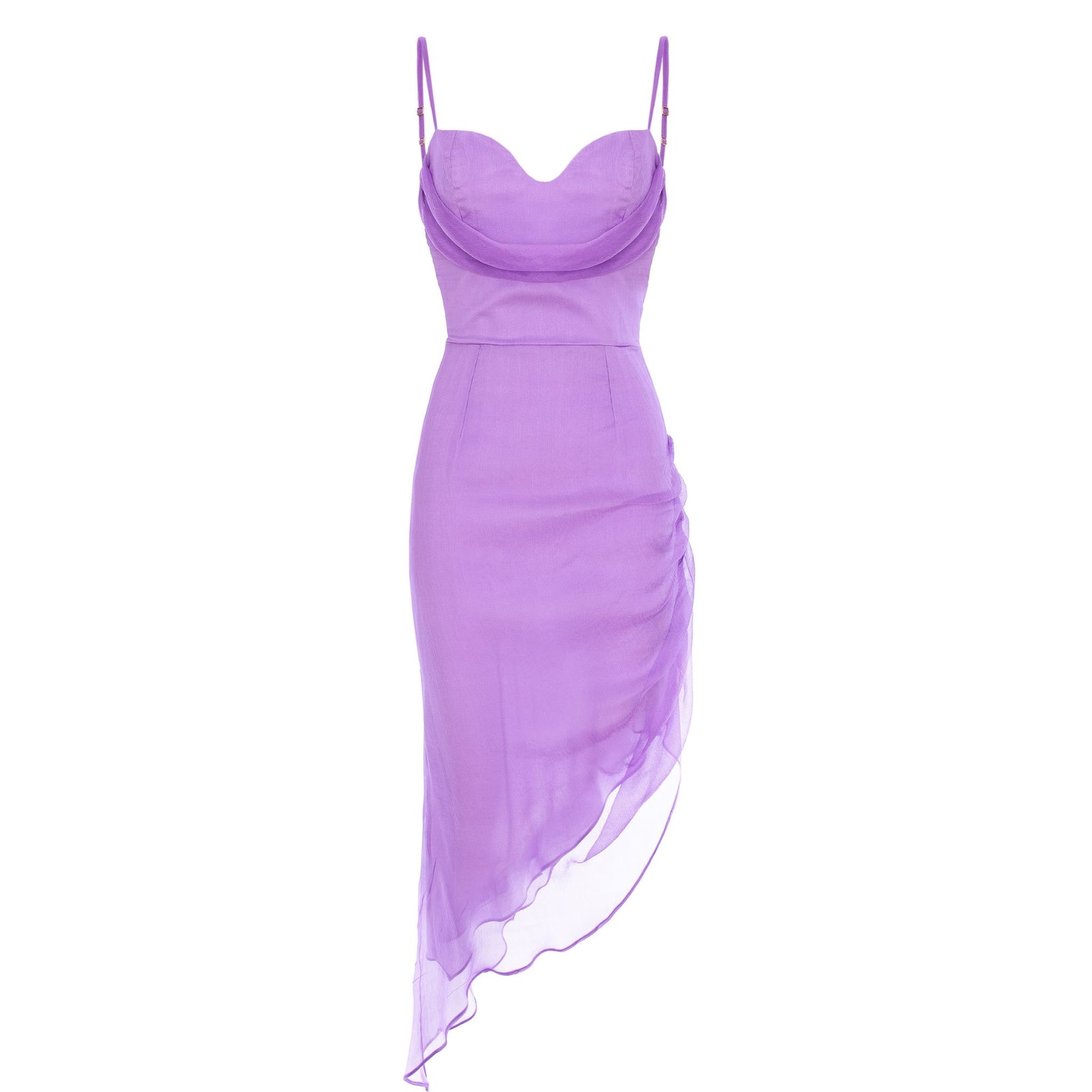 Rose Asymmetric Silk Midi Dress With Straps And Side Gathering