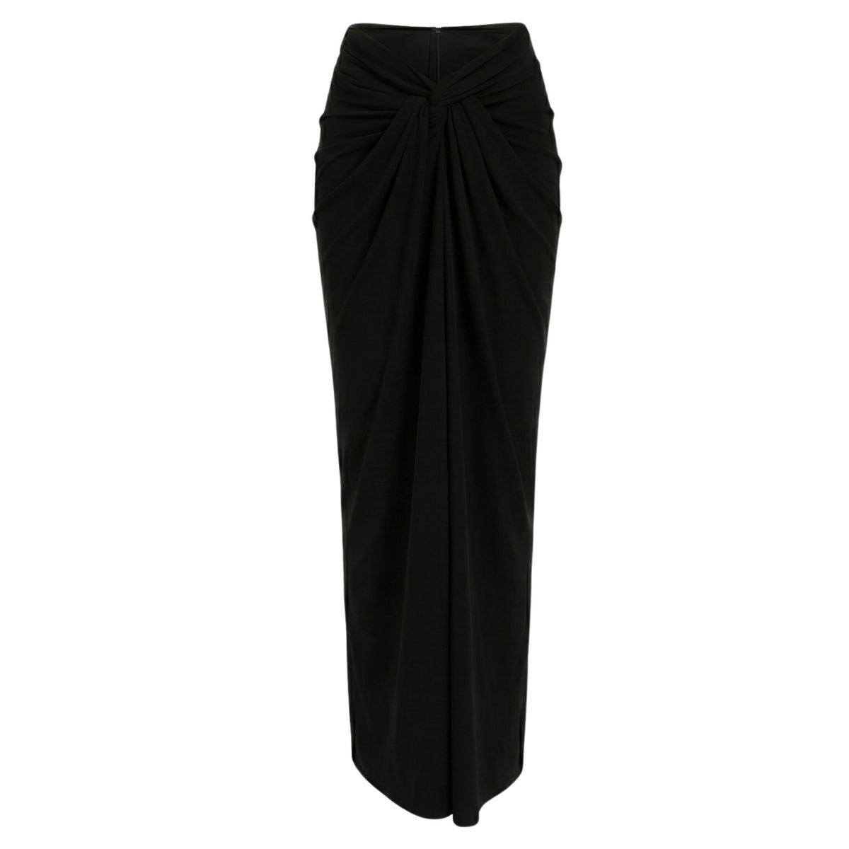 The Black Sari-Draped Maxi Skirt by INTERNATIONAL APPEAL features a high-waisted, draped georgette front and a fitted silhouette, blending modern sari elegance with contemporary style.