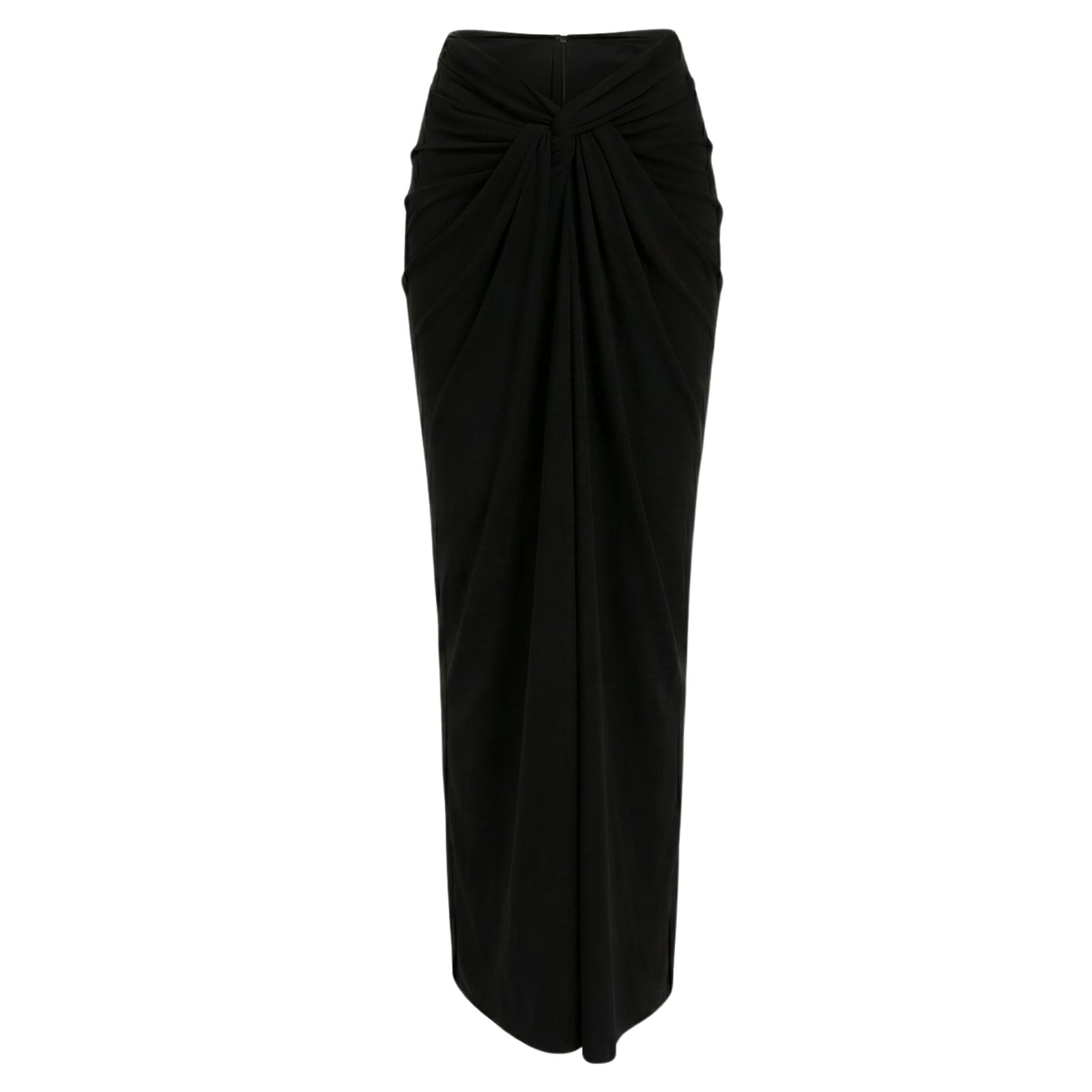 The Black Sari-Draped Maxi Skirt by INTERNATIONAL APPEAL features a high-waisted, draped georgette front and a fitted silhouette, blending modern sari elegance with contemporary style.