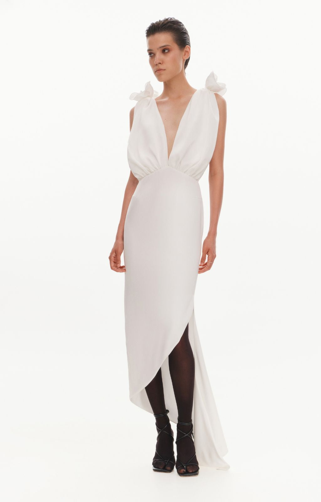 KRIS MARAN - Silky Draped Dress With Roses Ecru | DOORS NYC XL KRIS MARAN - Silky Draped Dress With Roses Ecru | DOORS NYC XL