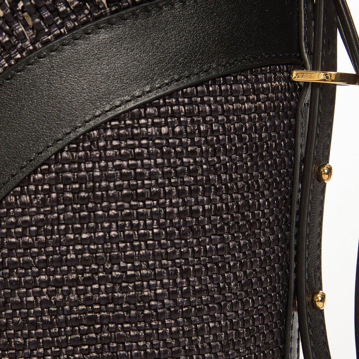 Black Woven Large Bucket Bag with Leather Trim