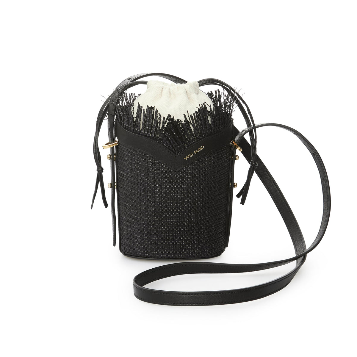 Black Woven Mini Bucket Bag with Leather Trim