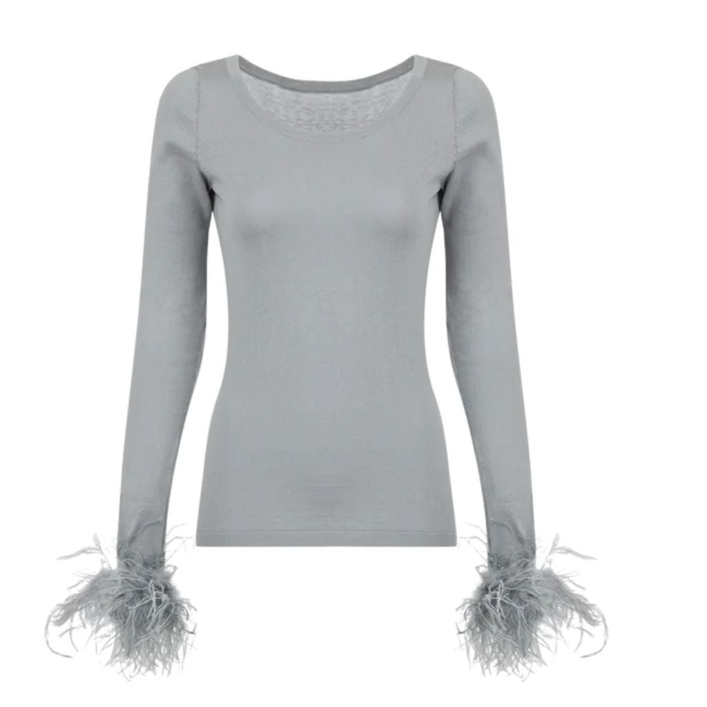 ANDREEVA - Grey Knit Top With Detachable Feather Cuffs, buy at DOORS NYC
