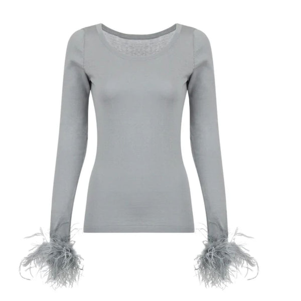 ANDREEVA - Grey Knit Top With Detachable Feather Cuffs | DOORS NYC