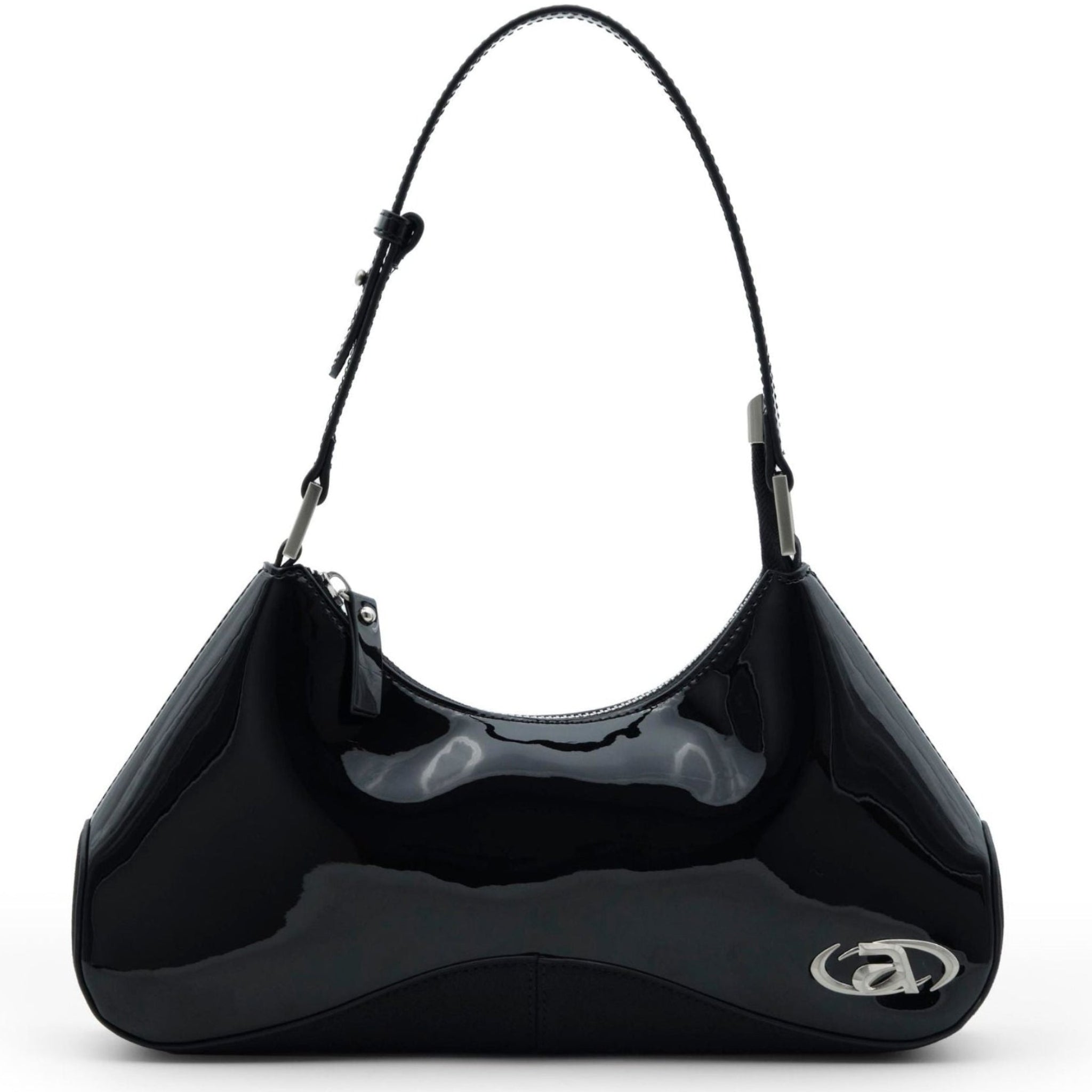 Black handbag with a brand logo on a white background