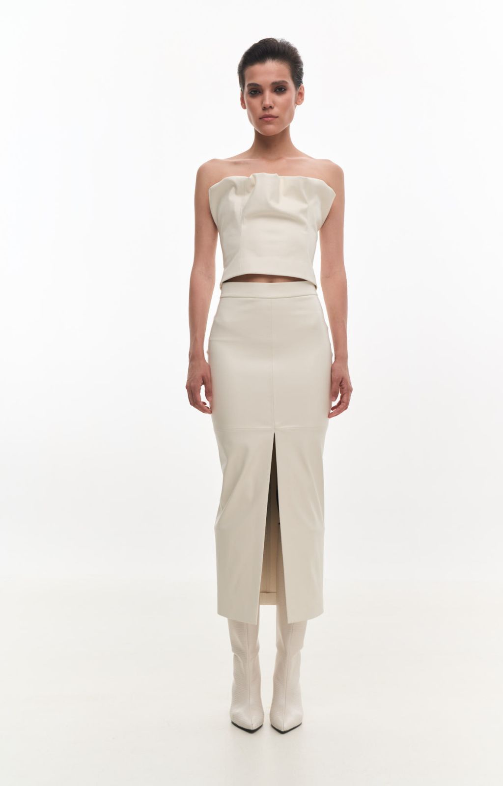 KRIS MARAN - Vegan Leather Skirt in Midi | Ecru buy at DOORS NYC
