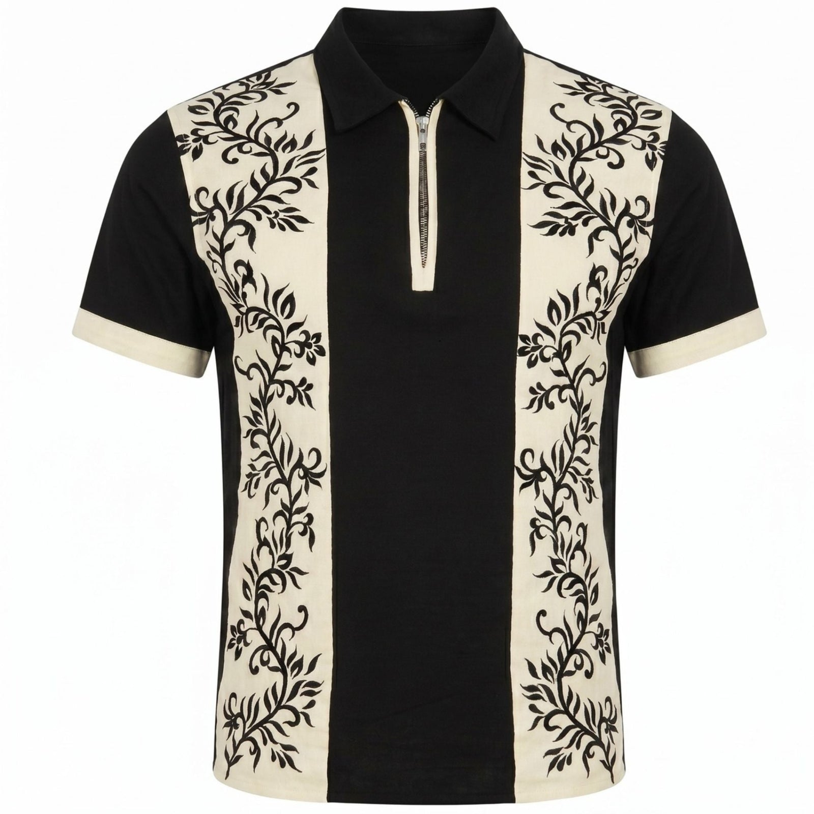 The Black Floral-Embroidered Panel Shirt from INTERNATIONAL APPEAL features cream vertical panels, black floral embroidery, a small collar, and zippered placket—offering a modern take on tailored menswear.