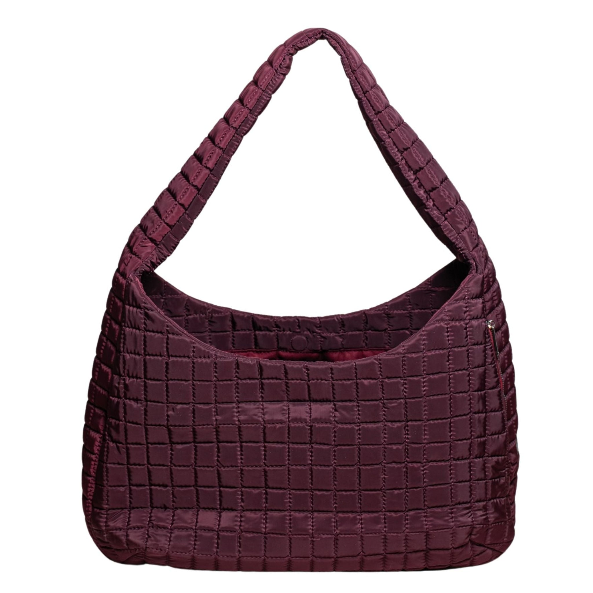 MVLUCKY - Wine Quilted Nylon Shoulder Flow Bag With Magnetic Closure, buy at DOORS NYC