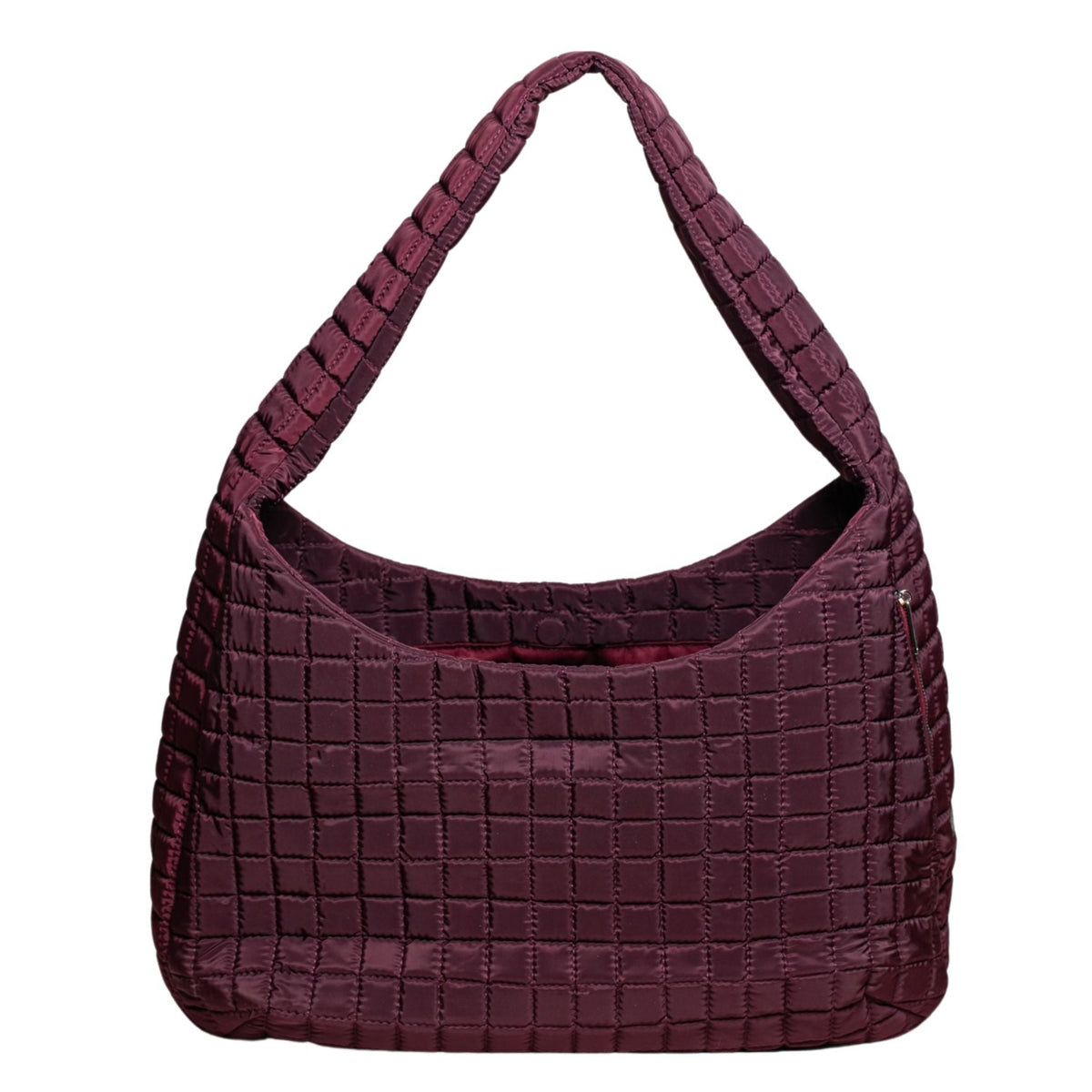 MVLUCKY - Wine Quilted Nylon Shoulder Flow Bag With Magnetic Closure, buy at DOORS NYC