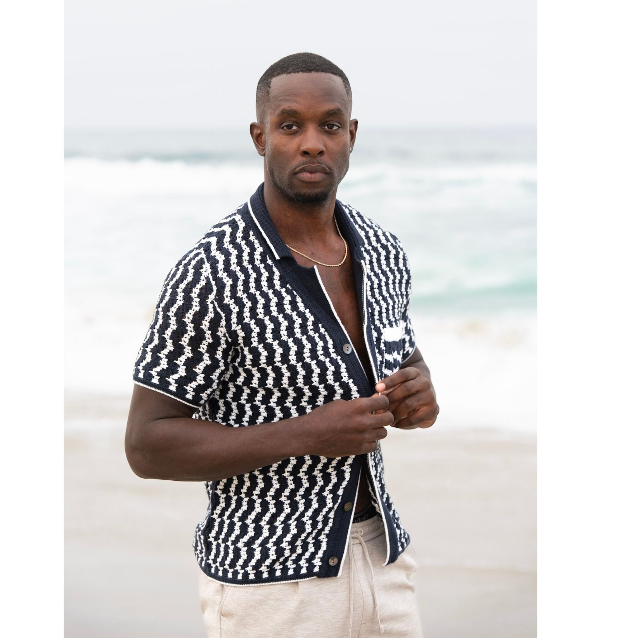 Navy Crochet Button-Up Shirt in Organic Cotton Blend