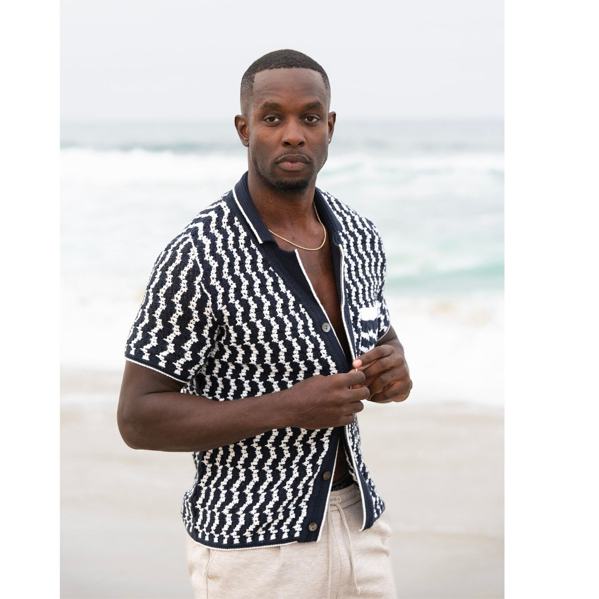 Navy Crochet Button-Up Shirt in Organic Cotton Blend