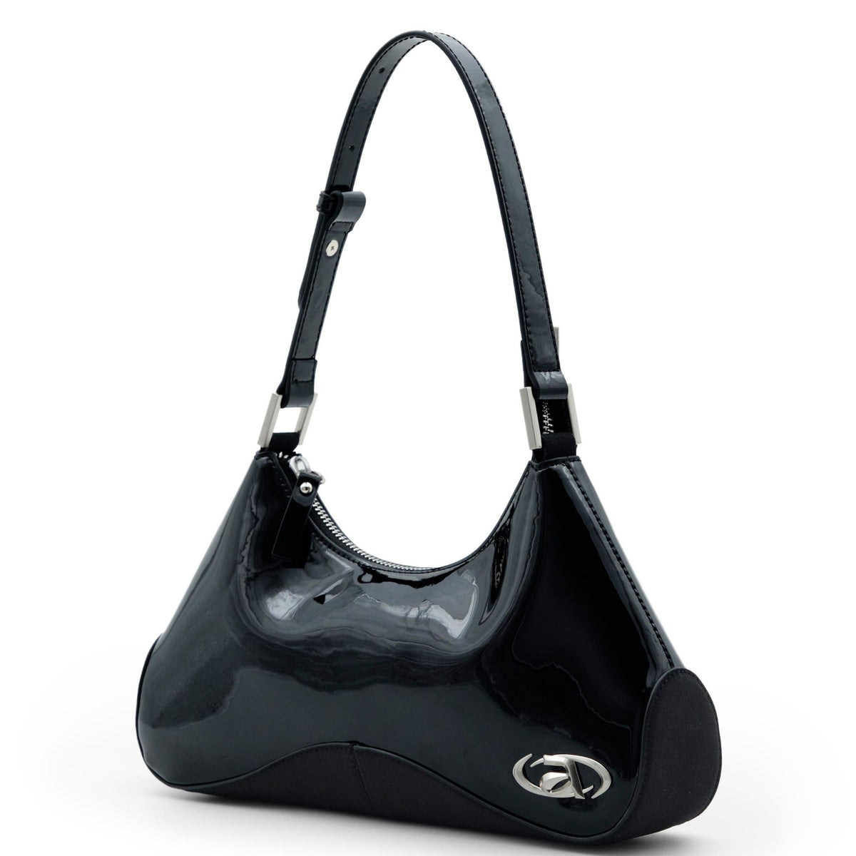 Black handbag with a glossy finish on a white background