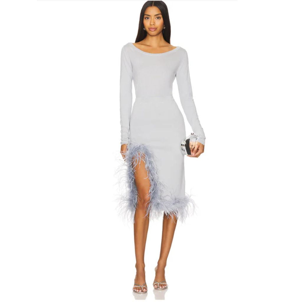 ANDREEVA - Grey Knit Skirt With Feathers, buy at DOORS NYC